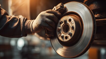 Mechanic installing new brake pad on car during professional auto repair.