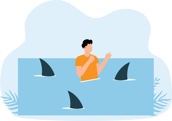 Unfriendly environment and frightened businessman is in water with sharks. Guy in office clothes and person in panic in trouble situation and stressful working
