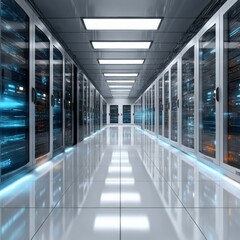 Fototapeta premium close up A hyper-realistic 8K photograph of a young blond-haired man seed 2701856359 standing in a futuristic data center, and close light dressed in a dark blue suit and light blue shirt. He is facin