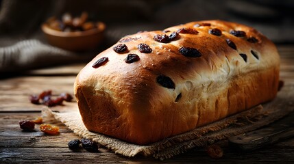 Raisin bread loaf on rustic wooden table.