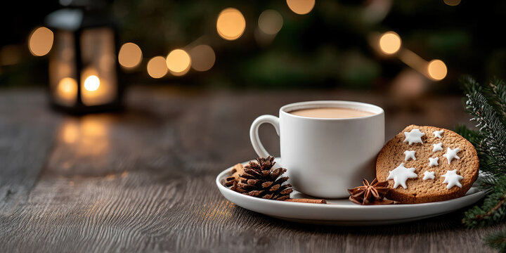 Weckmann bread and snowflake-shaped ginger cookies arranged on a wooden plate next to a cup of hot cocoa and a lit lantern, creating a cozy Martinstag atmosphere
