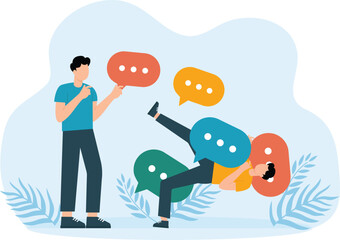 Hate speech and bullying and aggressive businessman yells at coworker throwing verbal bubbles at him. Aggressor and victim employee and conflict at work and trouble in work,