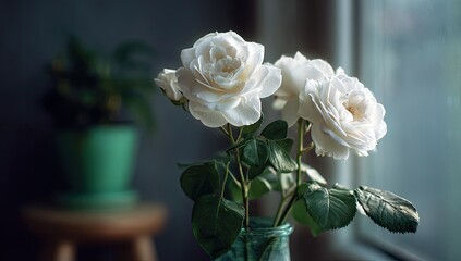 Soft white roses in a teal glass vase, bathed in sunlight near a window