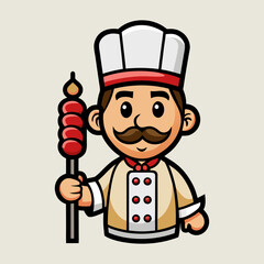 Bold Turkish kebab chef holding skewers vector illustration, traditional Middle Eastern grill master logo design for restaurant branding artwork