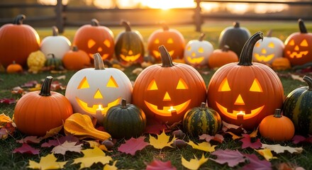 Pumpkins with autumn leaves, Halloween decoration