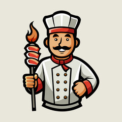 Bold Turkish kebab chef holding skewers vector illustration, traditional Middle Eastern grill master logo design for restaurant branding artwork