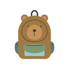Backpack with bear on white background. Isolated vector illustration in flat cartoon style. Back to school, Educational design element. For fabric, wrapping, cards, textile, wallpaper, apparel.