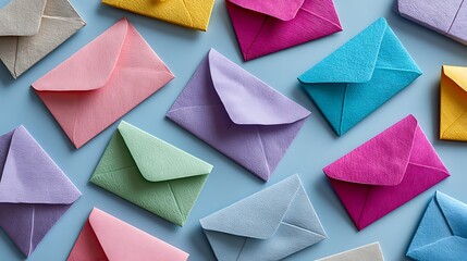 A variety of colorful paper envelopes scattered across a blue background, symbolizing the exchange of marketing ideas and business communication.
