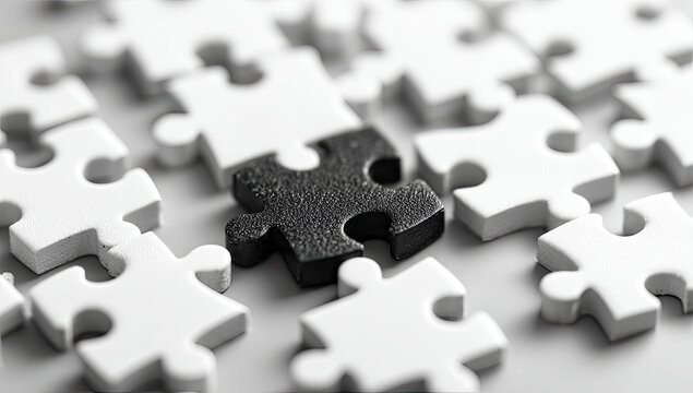 A single dark piece in a sea of white jigsaw puzzle pieces - Powered by Adobe