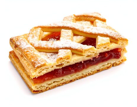 A single slice of homemade fruit pie with a golden lattice pastry top and red jam filling, sprinkled with icing sugar and isolated on a white background