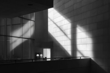 Sunbeams slice through a modern building's interior, illuminating its geometric architecture