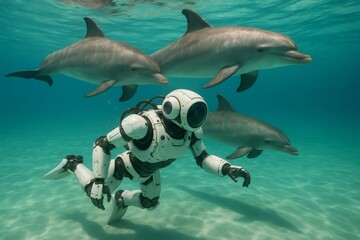 Fototapeta premium Futuristic white humanoid robot exploring the ocean and swimming with dolphins in a beautiful clear blue sea