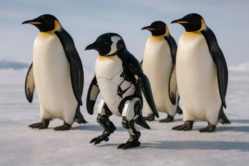 Bio inspired robot penguin walking on Antarctic ice with emperor penguins, exploring innovative solutions for wildlife observation and environmental monitoring