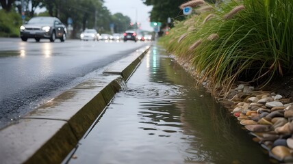 Bioswale curb inlet capturing stormwater from street during rain, low wide