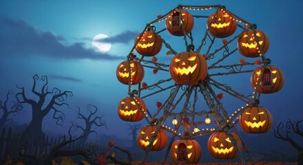 Naklejka premium A Halloween Ferris wheel with carved pumpkins glowing in the night, creating a spooky and festive scene under a full moon