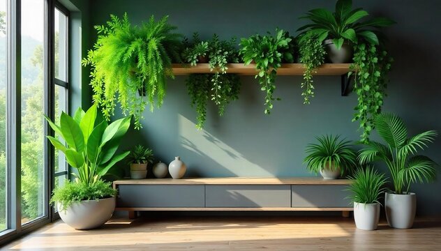 Fototapeta Lush green foliage cascading from a high shelf, creating a vibrant, natural interior design statement Perfect for home decor, botanical, and plant lover themes , green wall, peaceful