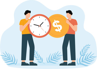 Exchanging time and effort for money and getting paid for work. Men hold huge clock and cold coins. Cost of hour metaphor and Working minutes concept
