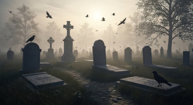 Ethereal graveyard scene shrouded in mist with crows perched on tombstones