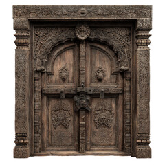 Obraz premium Ornate Antique Carved Wooden Door Intricate Detailing Asian Design, isolated on a transparent background