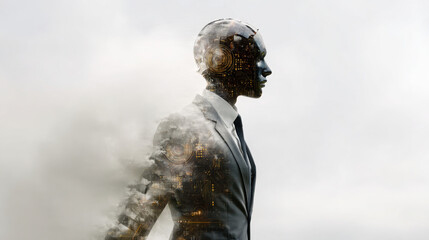 Futuristic humanoid figure in suit blends with cityscape elements, symbolizing technology integration