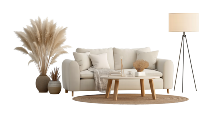  sofa, coffee table, and floor lamp with a cristmass tree  on a white background. scandinavian home interior design of a modern living room for a mockup stock photo. minimalist furniture, elegant