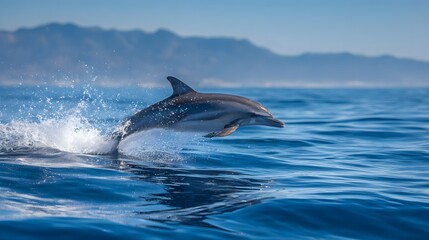 Fototapeta premium Dolphin jumping above blue ocean surface with water splash.