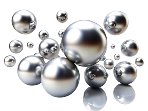 Realistic silver spheres floating in an elegant composition isolated on white background ,PNG AI Generated.