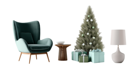  sofa, coffee table, and floor lamp with a cristmass tree  on a white background. scandinavian home interior design of a modern living room for a mockup stock photo. minimalist furniture, elegant