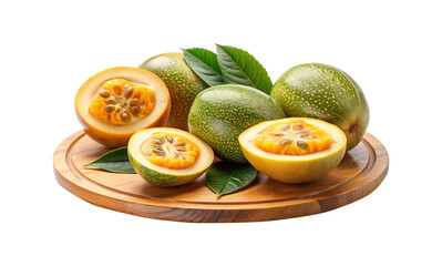 Granadilla fruit halves and whole on a wooden board close up