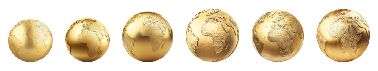 Golden globe models represent continents, showcasing geographic diversity, presented on transparent background
