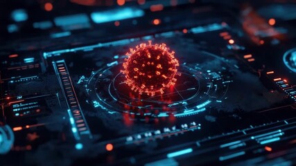 Futuristic digital interface with visualized virus structure. HMPV, Human metapneumovirus - Powered by Adobe