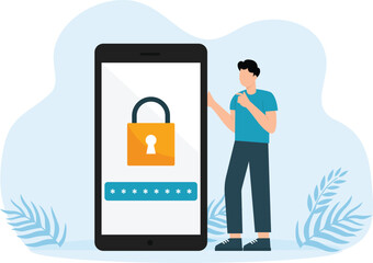 Men protect information on smartphones with passwords and codes. Fingerprint and face ID and digital and graphic sign. Verification and authentication concept
