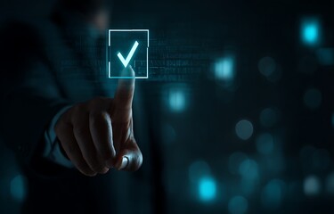 Businessman touching to tick correct mark in checklist with progressive loading status to remind work task progressive for project develop management and tracking concept.