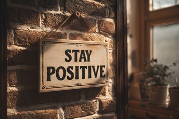 Stay positive sign hanging on brick wall in warm home interior.