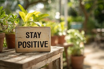 Stay positive wooden sign on table surrounded by green plants.