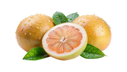 Fresh juicy Pomelos with water droplets and green leaves on white background