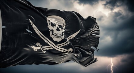 Fototapeta premium Pirate flag with skull and crossbones flying in stormy sky, Jolly Roger symbol of piracy, dramatic dark clouds and lightning, maritime danger and adventure concept, historical naval theme