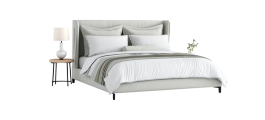 shaped bed with a grey velvet headboard and wooden frame, next to it is an armchair on wheels. in front of the bed, there's a chest full of pillows and blankets, set against a white background. this 3