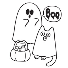 Cute Ghost and Cat Halloween Illustration.