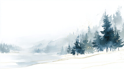 Christmas card template, minimalist watercolor snowy landscape with pine trees, soft pastel blue and white tones