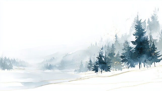 Christmas card template, minimalist watercolor snowy landscape with pine trees, soft pastel blue and white tones