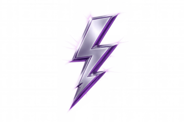 Shiny metallic lightning bolt icon isolated on transparent background, representing power, energy, and electricity