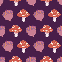 Purple Background Mushrooms and Acorns Pattern