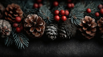 Christmas border with fir branches and pine cones on a dark background --ar 16:9 --s 500 --c 20