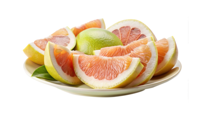 A delicious plate of cut pomelo segments, showing the juicy pink pulp