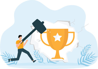 Overcoming problems destroy wall and smashes an obstacle with hammer path to success, striving for goal career growth and achievement of target concept
