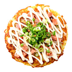 Delicious okonomiyaki japanese pizza topped with scallions mayonnaise and ham