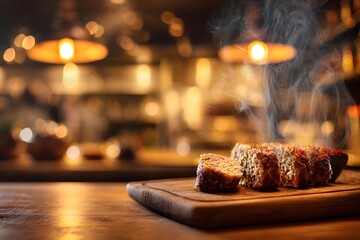 Juicy haggis sliced and plated on wooden board with steam.