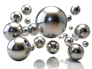 Realistic silver spheres floating in an elegant composition isolated on white background ,PNG AI Generated.