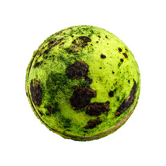 Macro close-up shot of a weathered and stained tennis ball isolated on black background